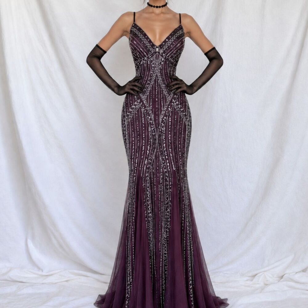 Vintage Y2K Purple Sequin Beaded Mesh Bodycon Formal Maxi Prom Dress Size M/L